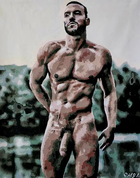 art-érotique-gay-peinture-huile sur toile-originale-homme-nu-intégrale