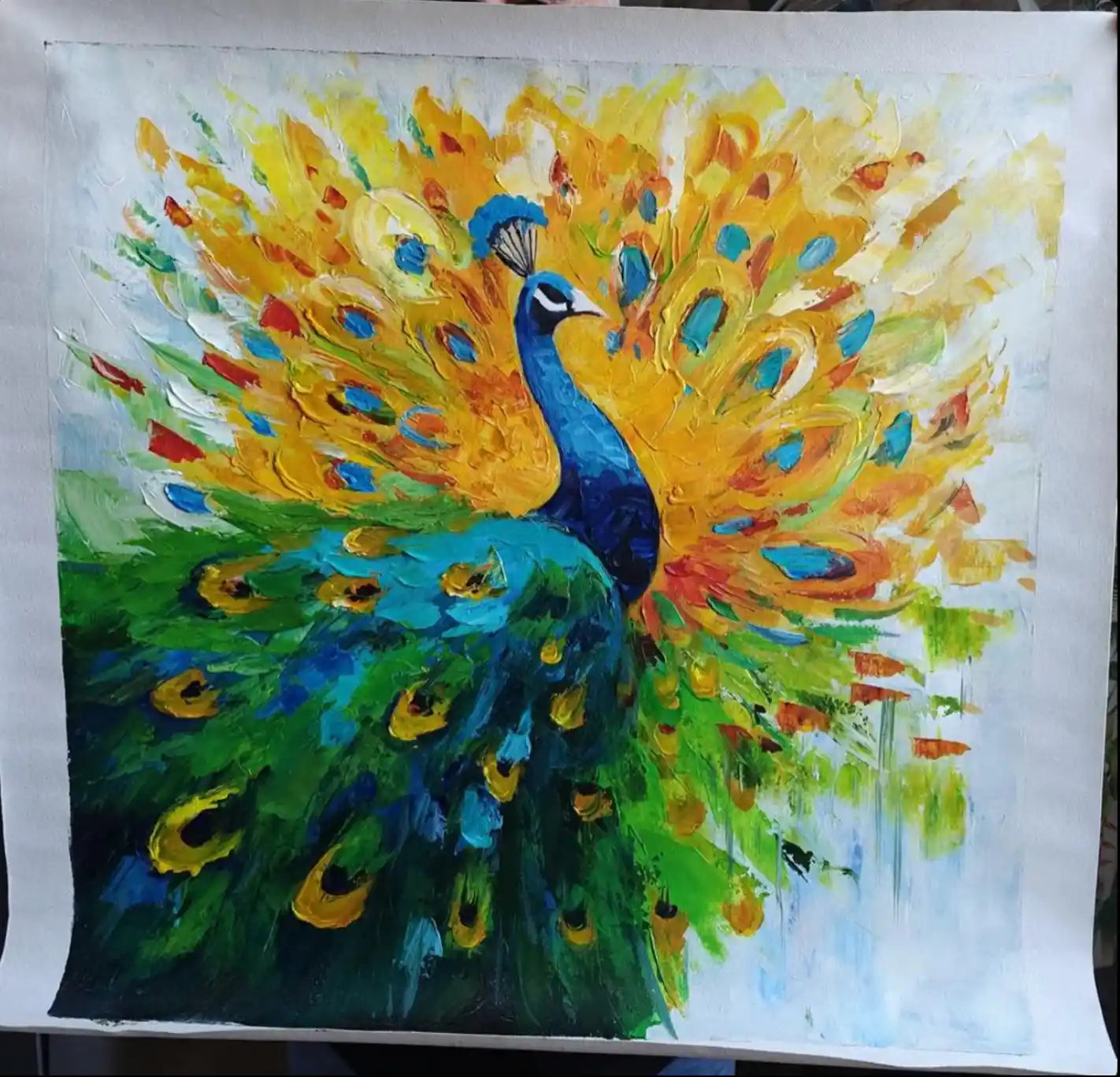 art-animal-paon-oiseau-tableau-peinture-huile sur toile-signée
