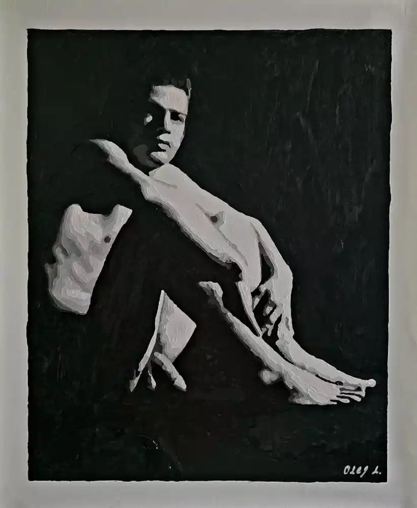 art-érotique-gay-peinture-huile sur toile-noir et blanc-originale-homme-nu-intégrale