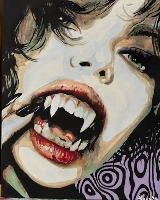 art-moderne-tableau-peinture-huile sur toile-visage de femme-vampire-pop art-signée