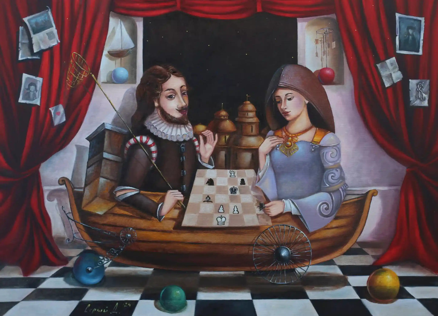 art-surréaliste-jeux échecs -huile sur toile-originale-signée