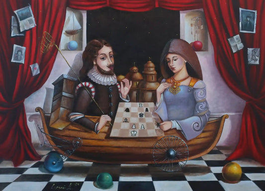 art-surréaliste-jeux échecs -huile sur toile-originale-signée