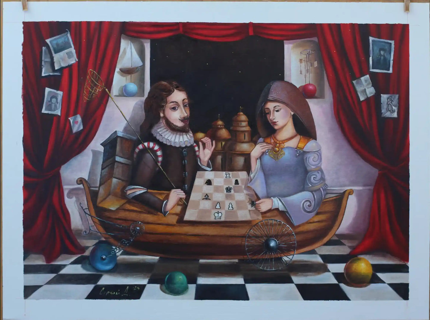 art-surréaliste-jeux échecs -huile sur toile-originale-signée