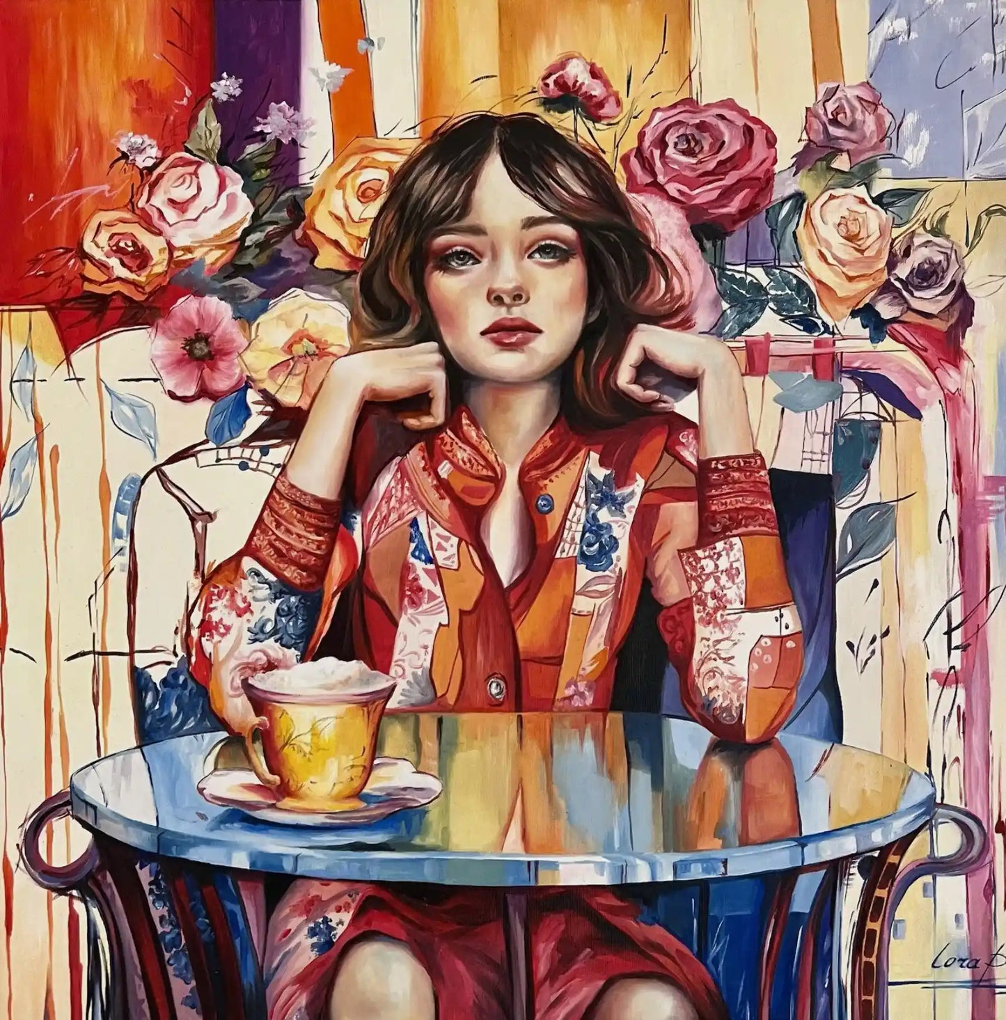 art-portrait-jeune-fille-pause café-peinture-huile sur toile