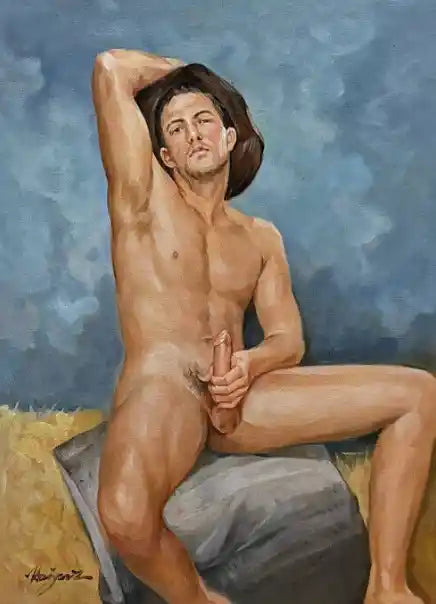 art-érotique-homme-cowboy-nu-intégrale-peinture-originale-huile sur toile