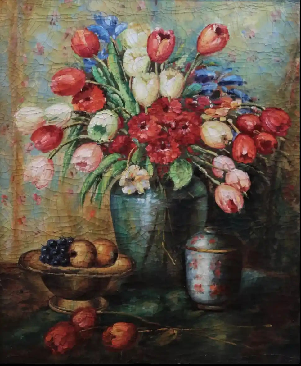 art-nature-morte-fleurs-vase-peinture-huile sur toile craquelée