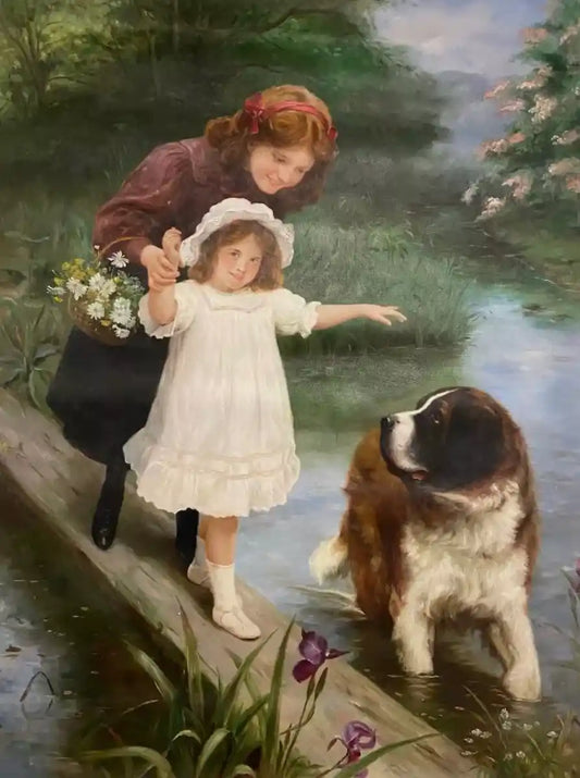 art-Peinture à l'huile - Scène bord d'étang-enfants et animaux de compagnie dans le jardin