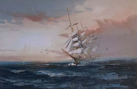 Peinture à l'huile originale bateau paysage marin Hewitt R Jackson