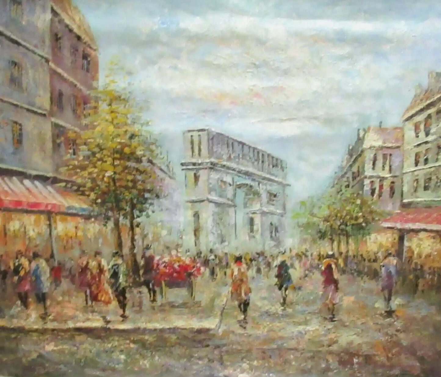 art-scène-rue-Paris-France-personnages-arc-peinture-huile-toile-non signée