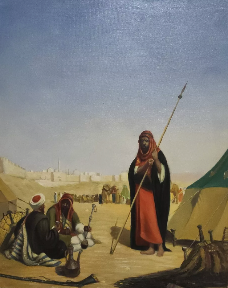 art-orientaliste-scène arabe-désert-peinture huile sur toile