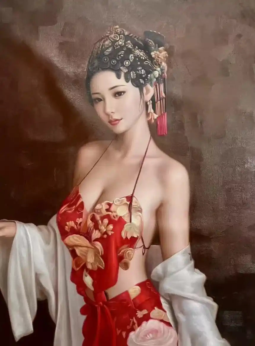 art -portrait-féminin-jeune-femme-asiatique-élégante-peinture-huile sur toile