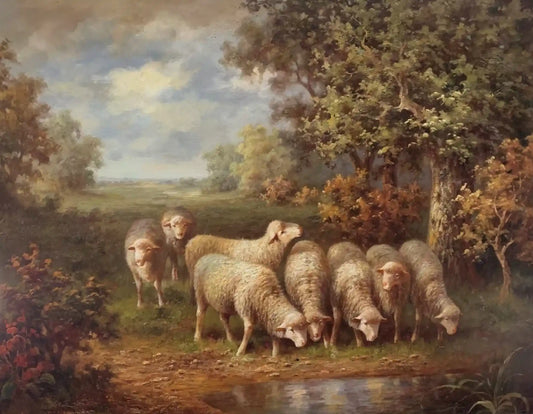 art-animal-paysage-troupeau-moutons-rivière-peinture-huile-toile