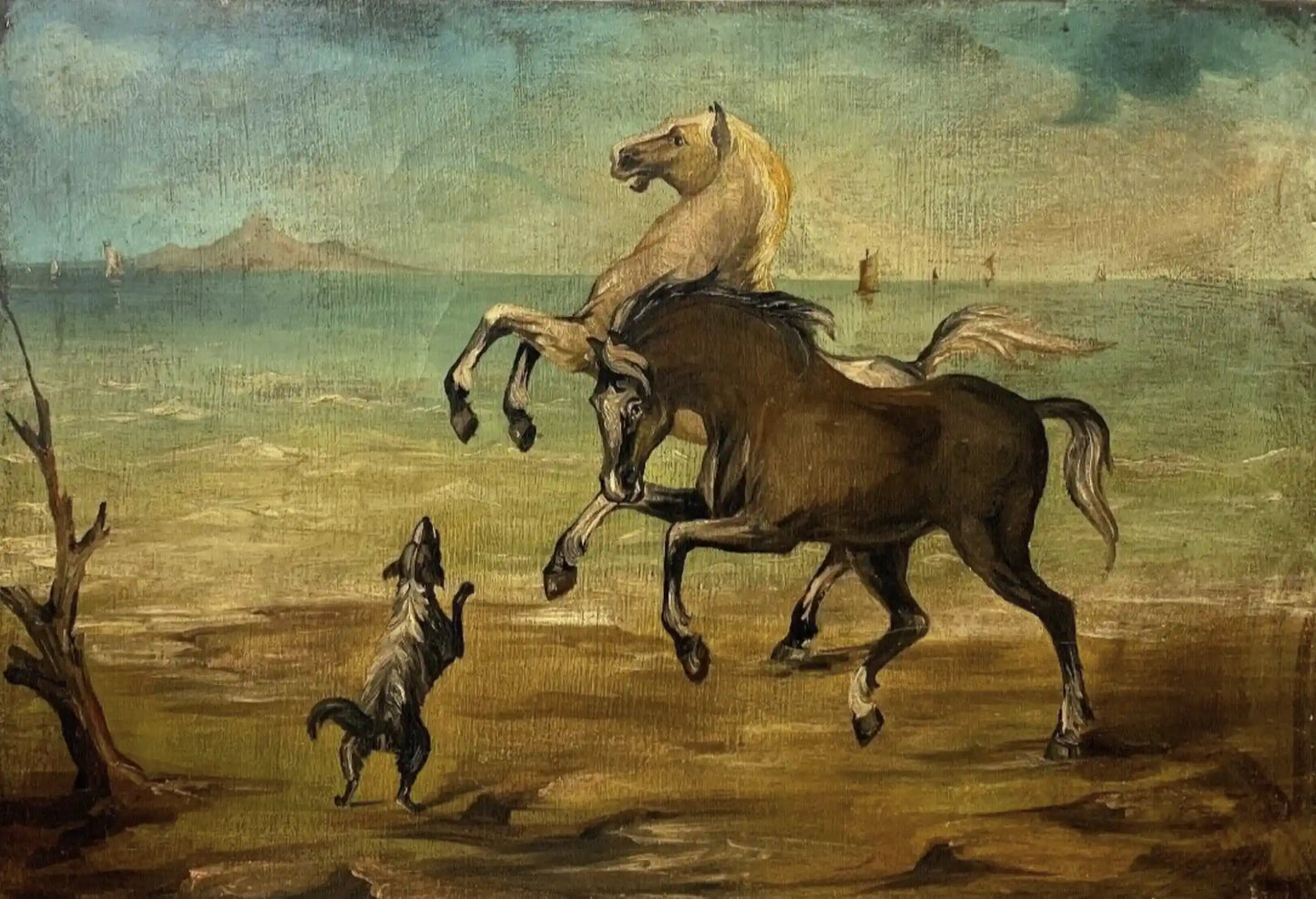 art-animal-chevaux-chien-plage-tableau peinture huile sur toile