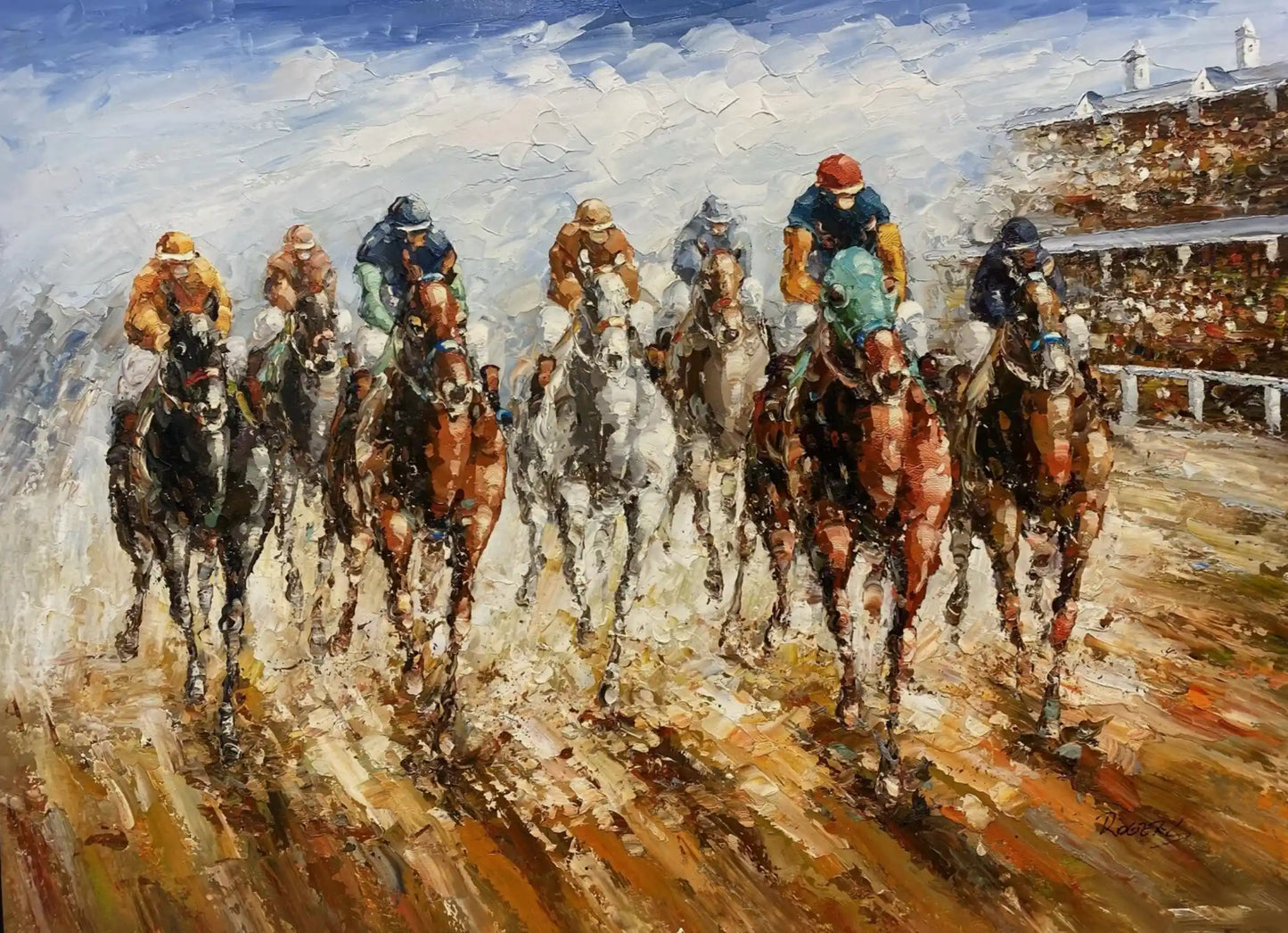 art-scène-vie-galop-hippique-chevaux-jockey-obstacle-peinture-huile-toile