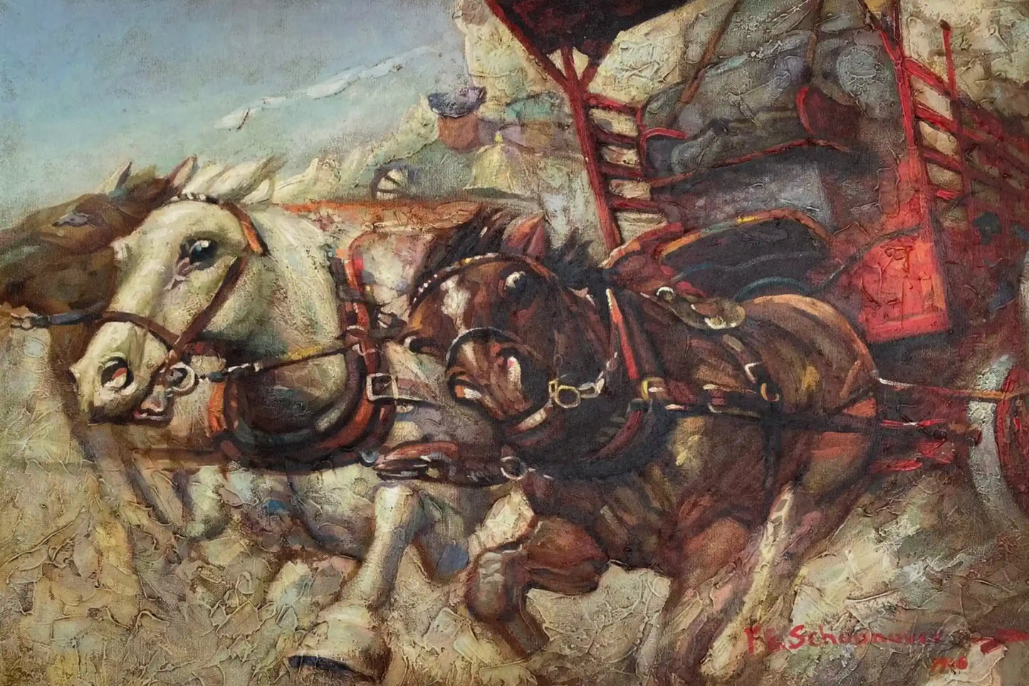 art-scène-vie-chevaux-embardée -peinture-huile-toile