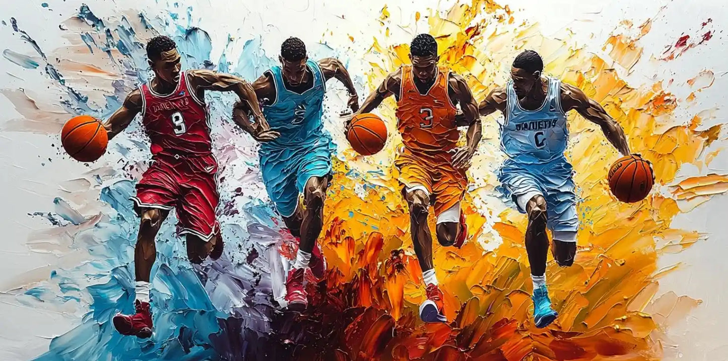 art-moderne-personnage-course-joueus-hommes-basketball-peinture-huile-toile