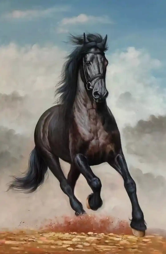 art-animal-course-cheval-noir-sauvage-peinture-huile-toile