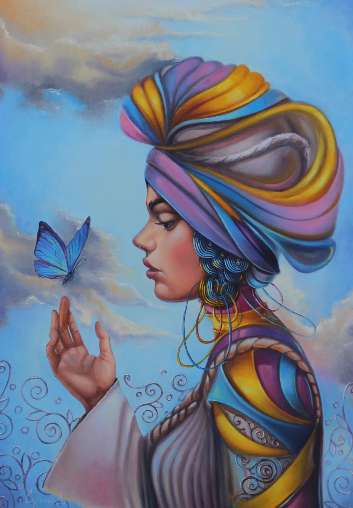 art surrealiste tableau peinture huile sur toile la femme et papillon