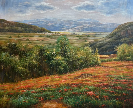 art-paysage-campagne-champ-fleurs-peinture-huile sur toile
