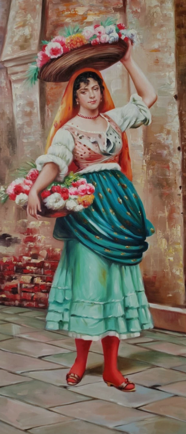 art-decoration-tableau-peinture-huile-toile-portrait-feminin-femme-marchande-fleurs