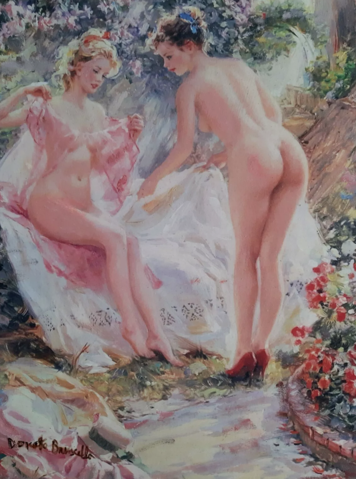 art-decoration-tableau-peinture-huile-toile-portrait-femmes-nues-amies-lingerie