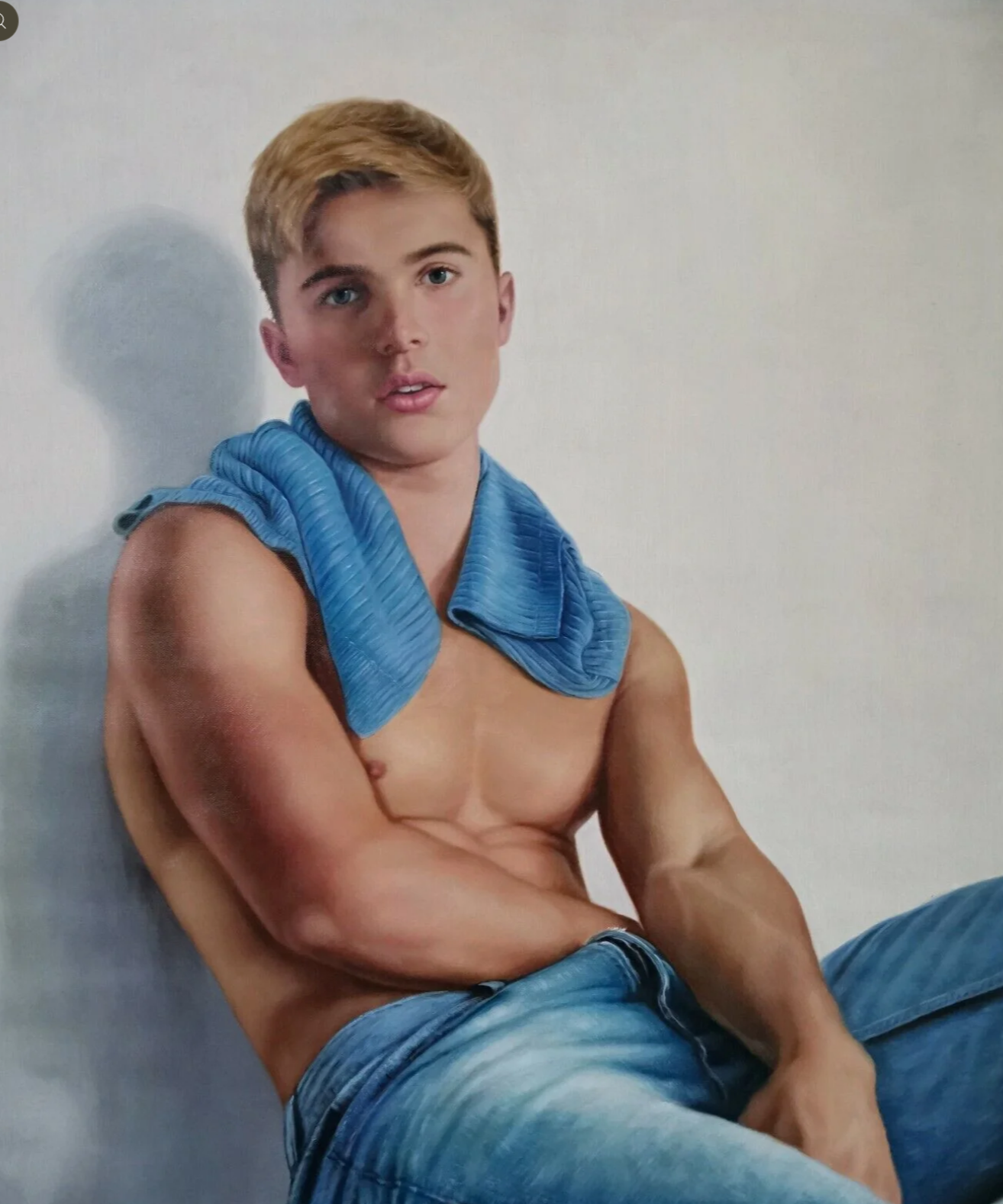 portrait young man shirtless painting oil on canvas