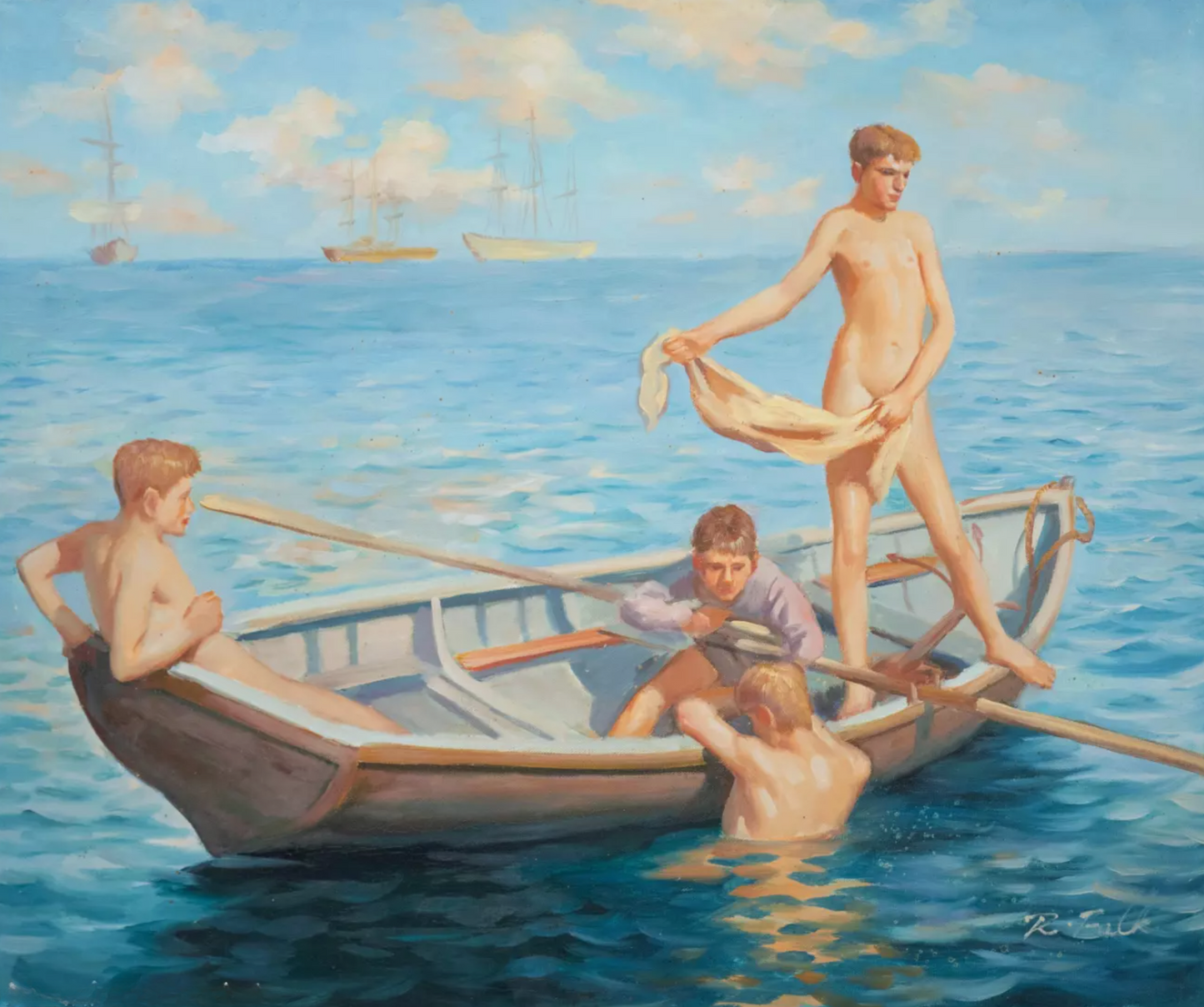 art-érotique-jeune garçons-nus-sur la plage-peinture-huile sur toile-d'après Tuke