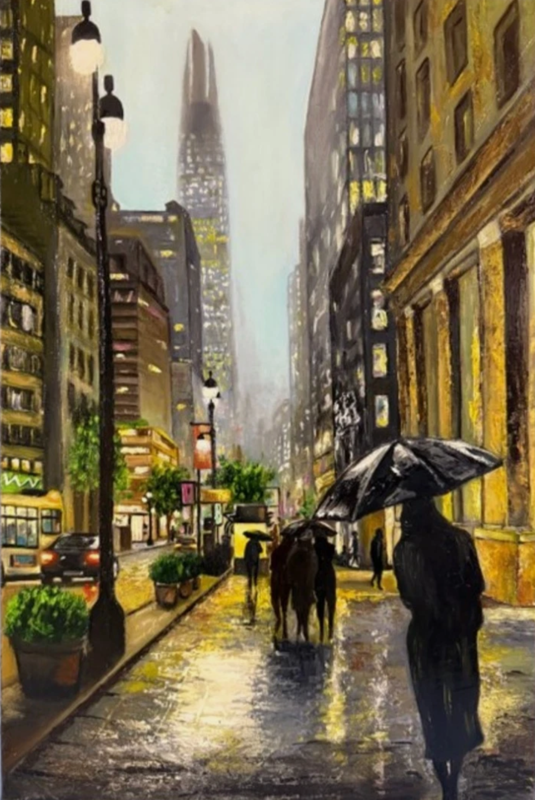 art-decoration-tableau-peinture-huile-toile-scene-vie-sous la pluie-new york