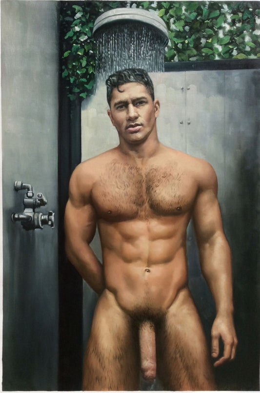 homme gay nu intégrale sous la douche peinture originale huile sur toile