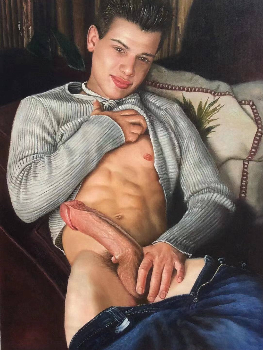 portrait gay art erotic scene naked man oil on canvas signed