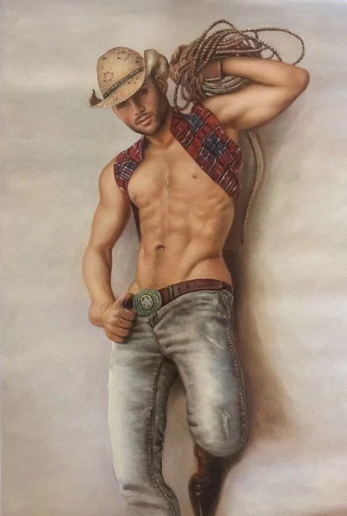 portrait scène érotique homme cowboy torse nu huile sur toile signée