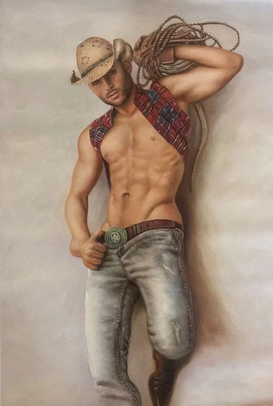 portrait erotic scene man cowboy shirtless oil on canvas signed