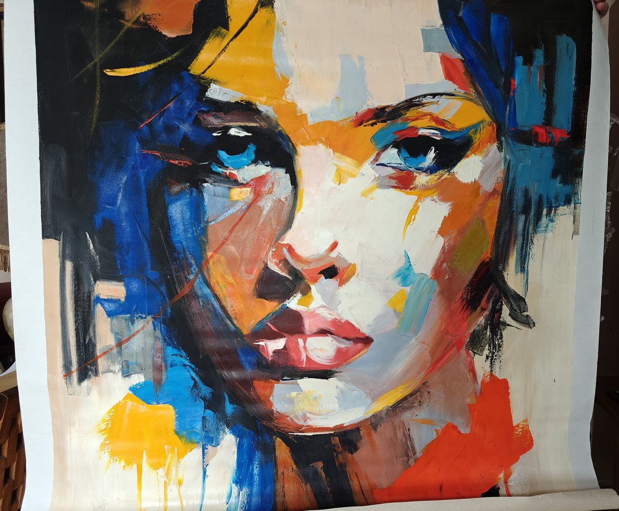 art-moderne-grand-portrait-femme-yeux bleus-tableau-peinture-huile sur toile