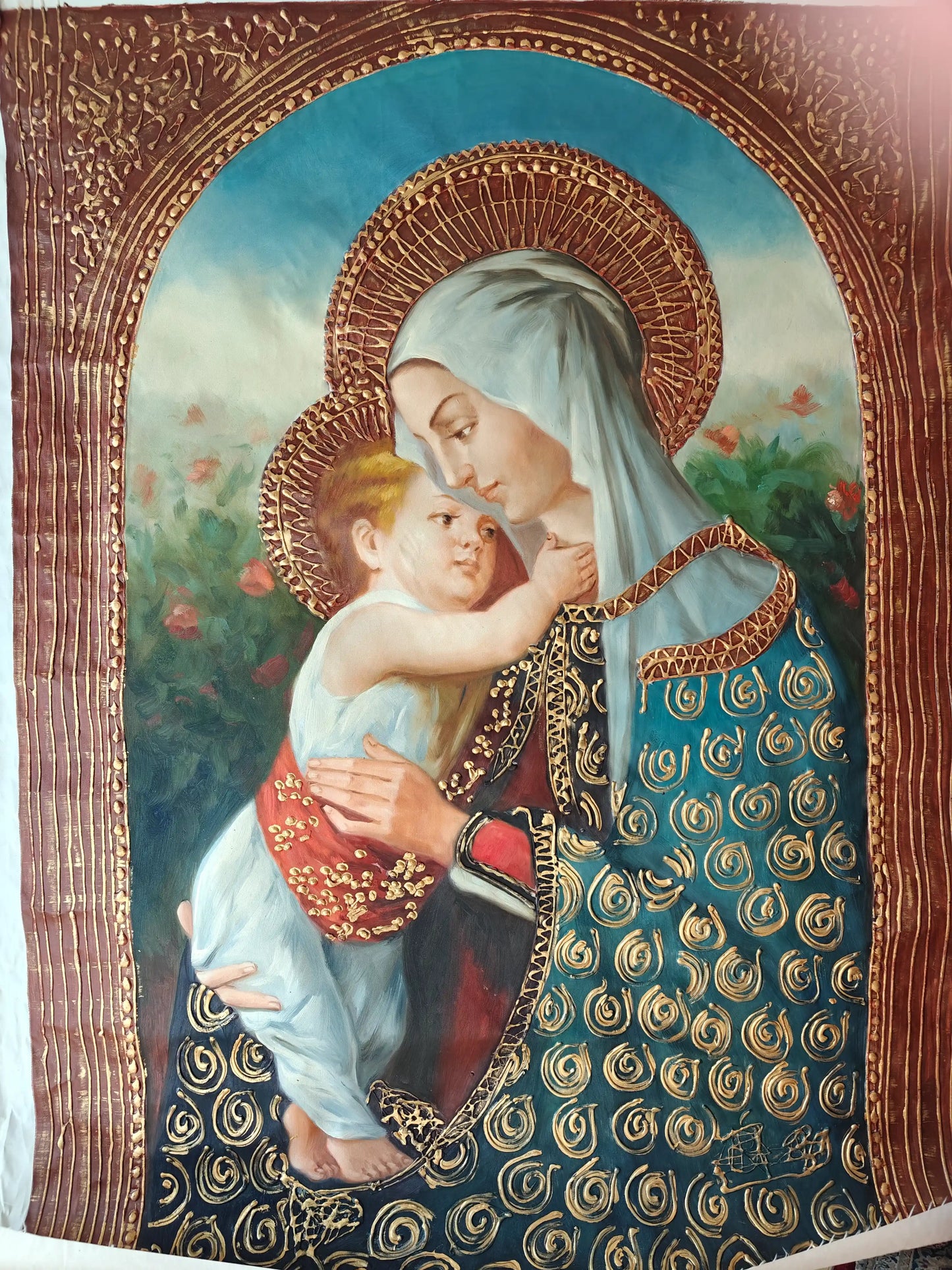 scène-religieuse-mère et enfant-tableau-peinture-huile sur toile-reliefs dorés