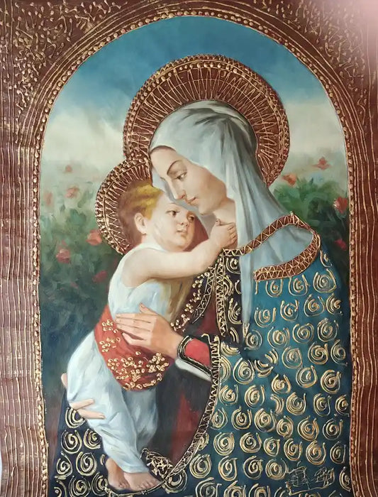 scène-religieuse-mère et enfant-tableau-peinture-huile sur toile-reliefs dorés