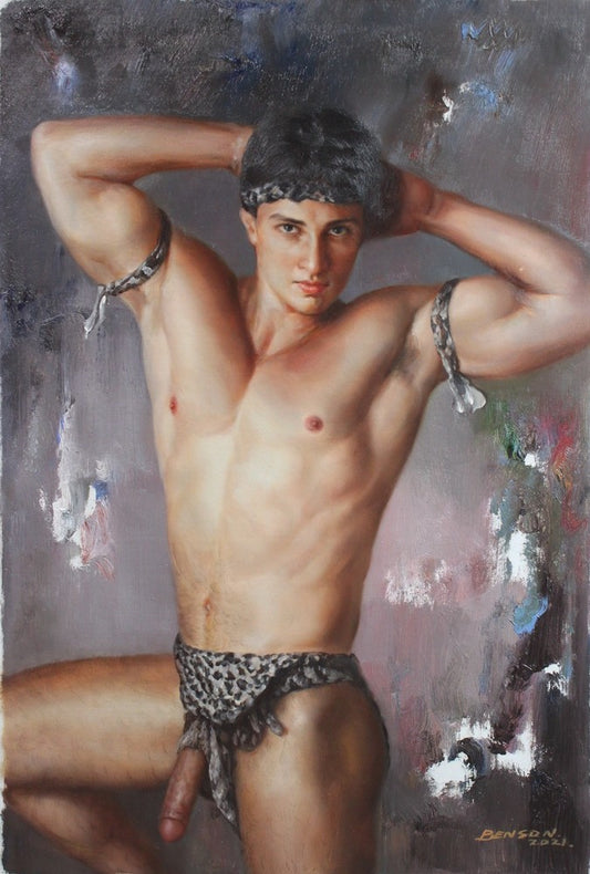 portrait art scène érotique homme nu huile sur toile signée / scenery erotic gay sex nude male oil painting on canvas