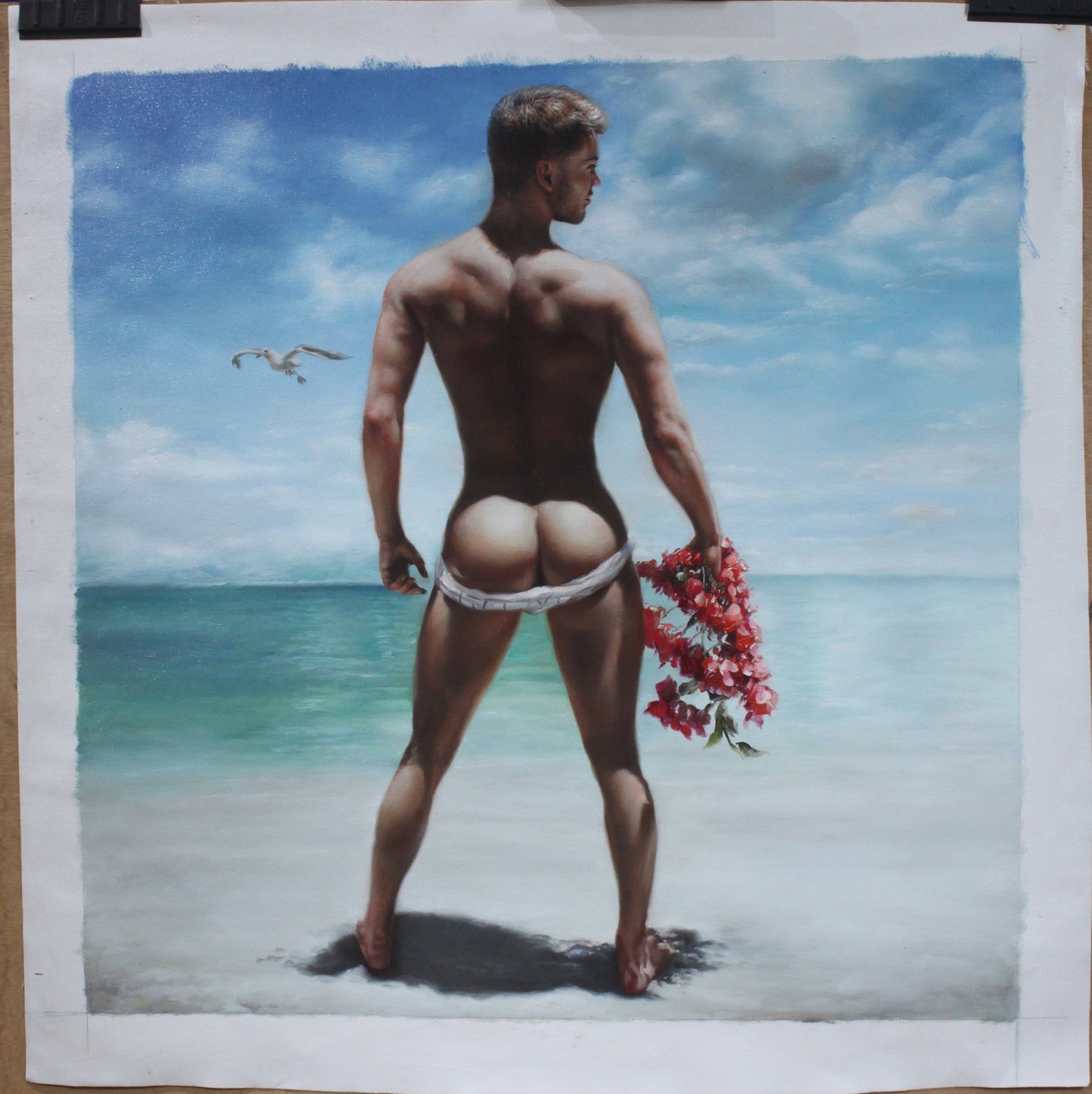 homme nu sexy à la plage peinture originale huile sur toile signée