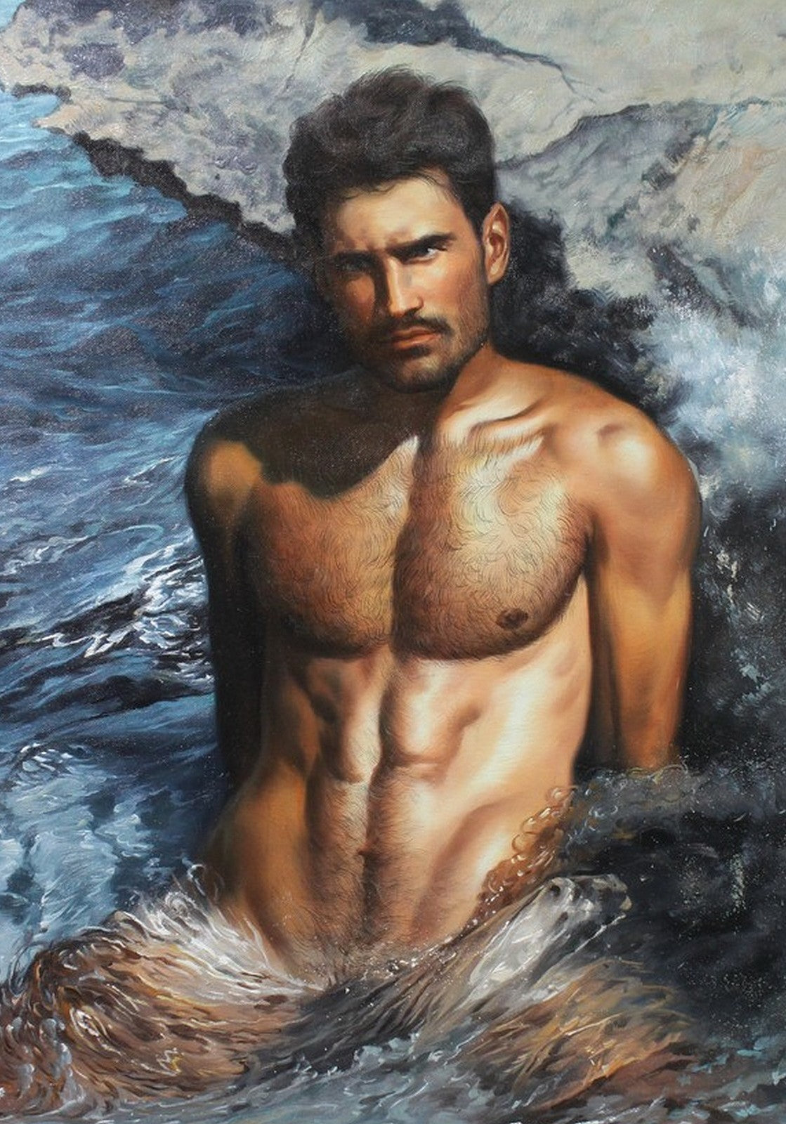 erotic art portrait of shirtless man original oil painting on canvas signed