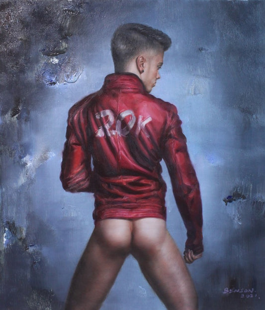 art érotique portrait homme fesses nues originale peinture huile sur toile signée