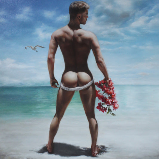 homme nu sexy à la plage peinture originale huile sur toile signée