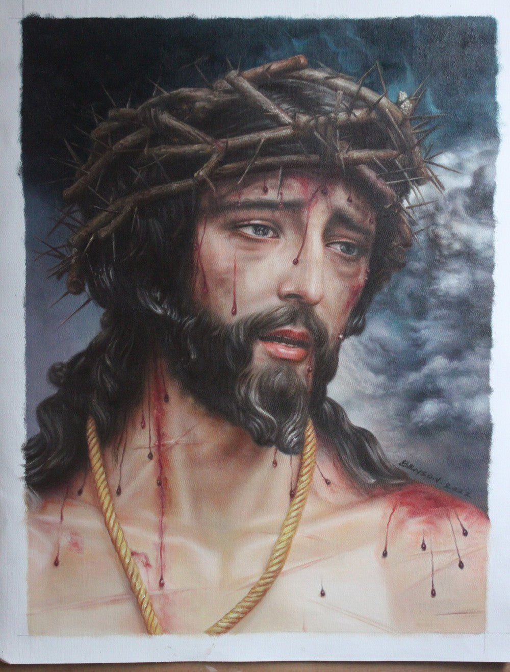 portrait jésus christ tableau peinture huile sur toile signée