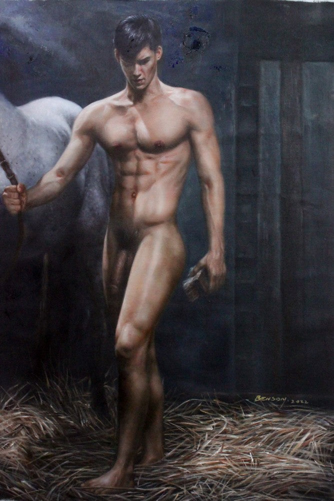 homme nu avec cheval peinture érotique originale huile sur toile