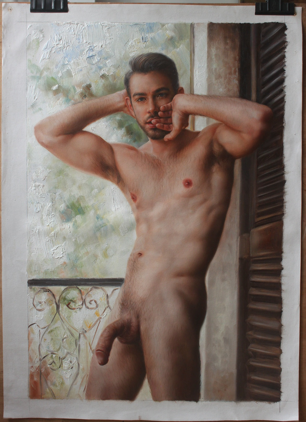 art érotique portrait homme nu intégrale originale peinture huile sur toile signée / nude male gay art oil painting on canvas