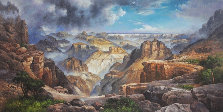 Repro Thomas Moran huile paysage peinture sur toile grand canyon signée 60x120cm