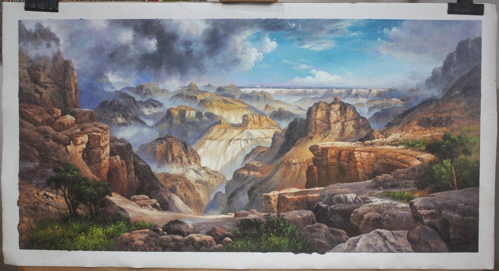 Repro Thomas Moran huile paysage peinture sur toile grand canyon signée 60x120cm