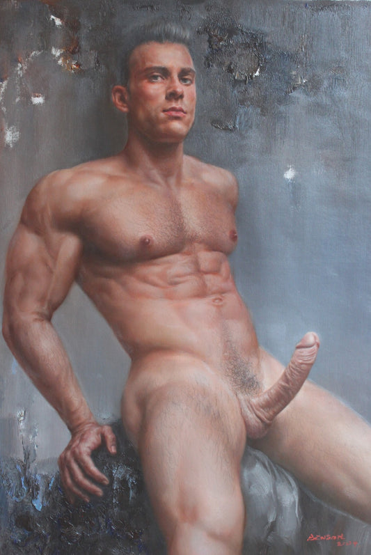 portrait of shirtless gay man SM leather painting original oil painting on canvas