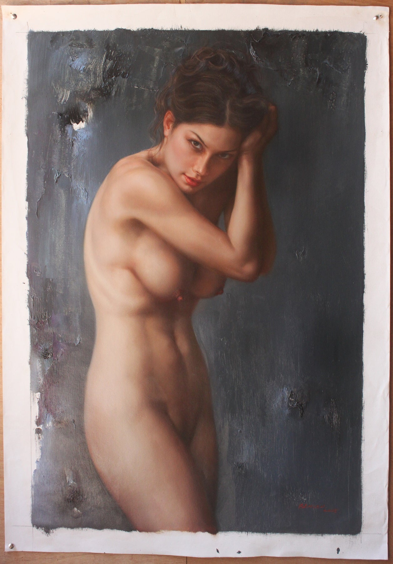 art-erotique-feminin-femme-brune-sexy-nue-integrale-peinture-huile sur toile
