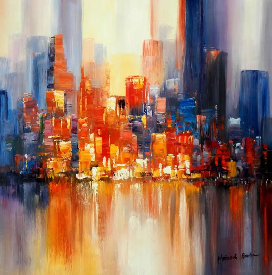 Tableau-abstrait-New York-Manhattan Skyline coucher de soleil-80x80cm-peint à la main