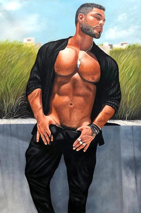 art erotique portrait homme torse nu originale peinture huile sur toile signée