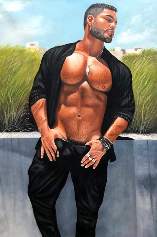 erotic art portrait of shirtless man original oil painting on canvas signed